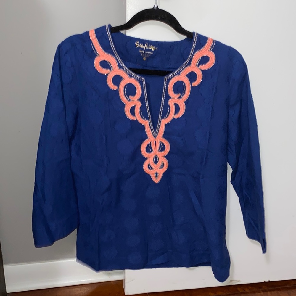 Lilly Pulitzer Tunic Top Resort Navy Blue Amelia Island  Embroidery size med